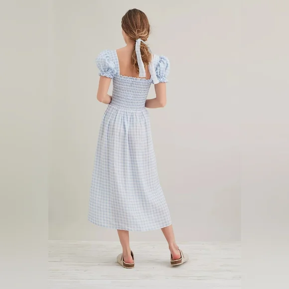 Sleeper 100% linen belle dress in blue gingham, medium - Picture 2 of 8